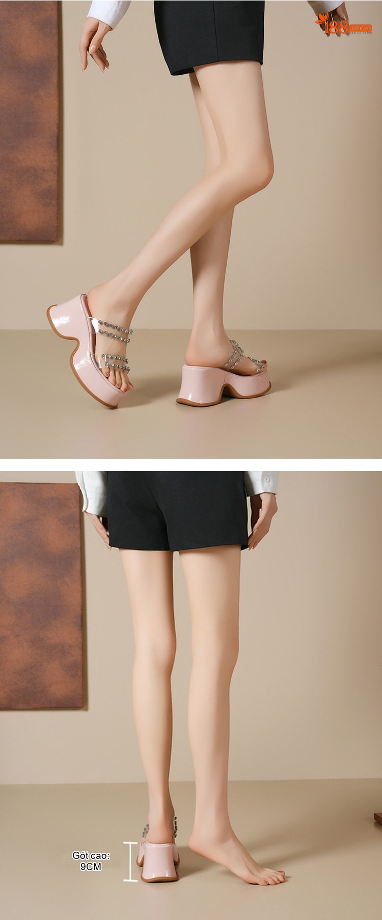 Dép Lê Nữ Quai Trong Suốt Đính Đá Chiều Cao Đế 9cm Màu Hồng, Trắng, Đen chi tiết 4