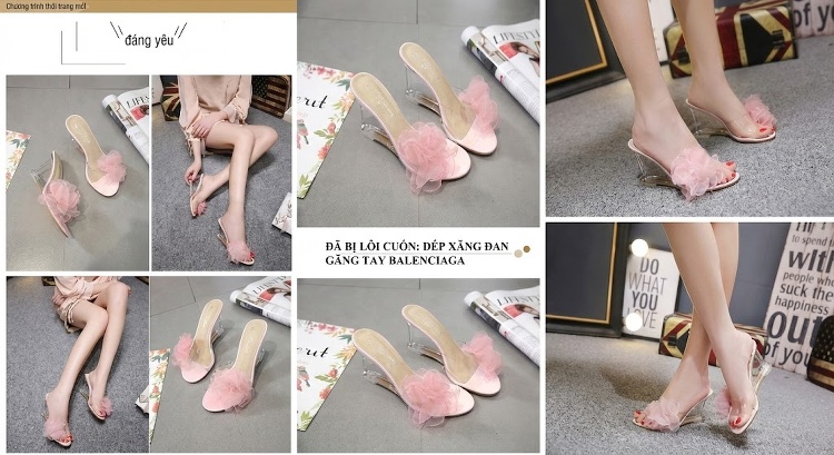 Dép Lê Nữ Quai Trong Suốt Gót Xuồng Chiều Cao Đế Khoảng 7cm Đính Hoa Màu Đen, Vàng, Hồng chi tiết 2