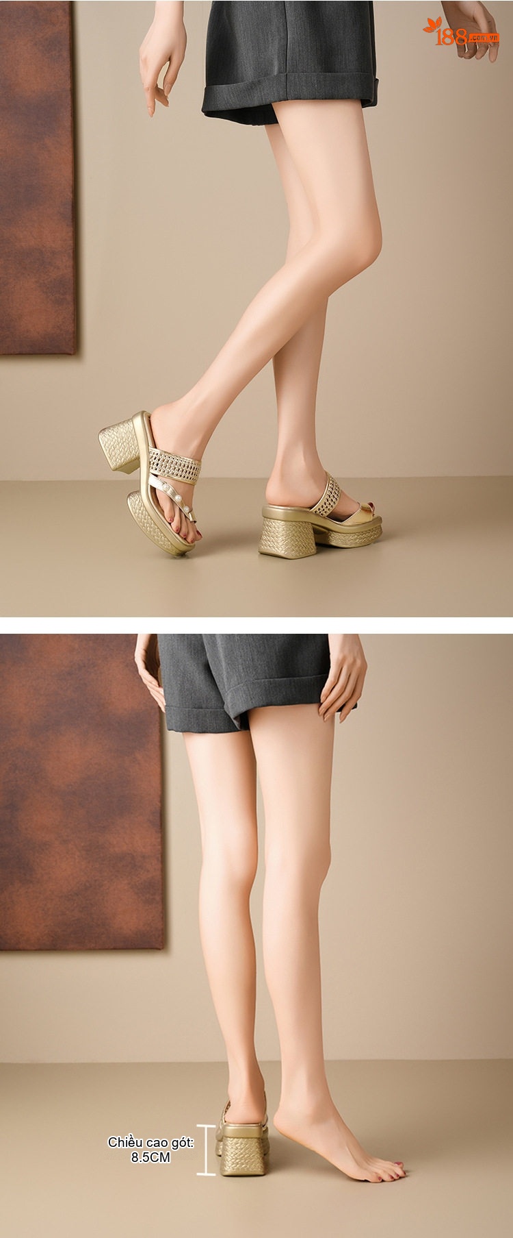 Dép Lẹp Nữ Đế Xuồng Cao Gót Chiều Cao Đế 8cm Phong Cách Casual Màu Vàng, Trắng, Đen chi tiết 4