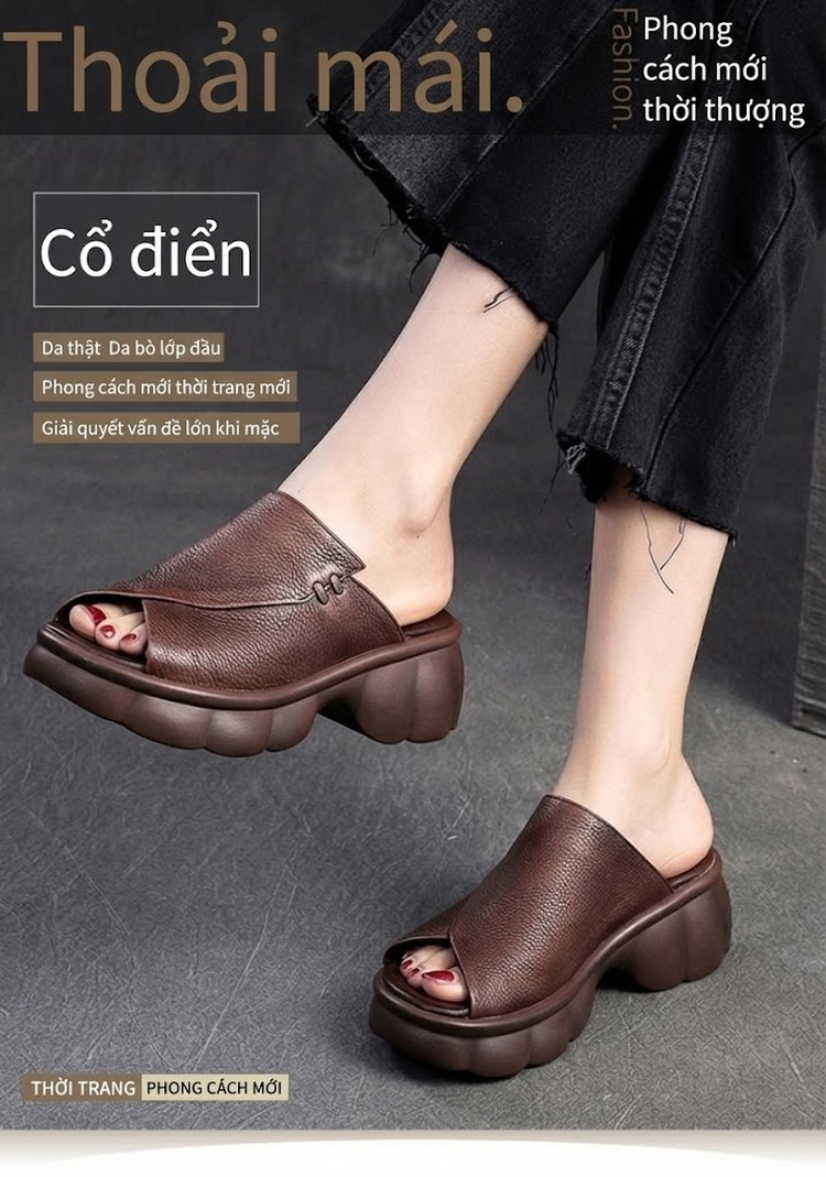 Dép Lười Nữ Da Mờ Hở Mũi Đế Dày Thoáng Khí Chiều Cao Đế Khoảng 5cm Màu Đen, Nâu chi tiết 2