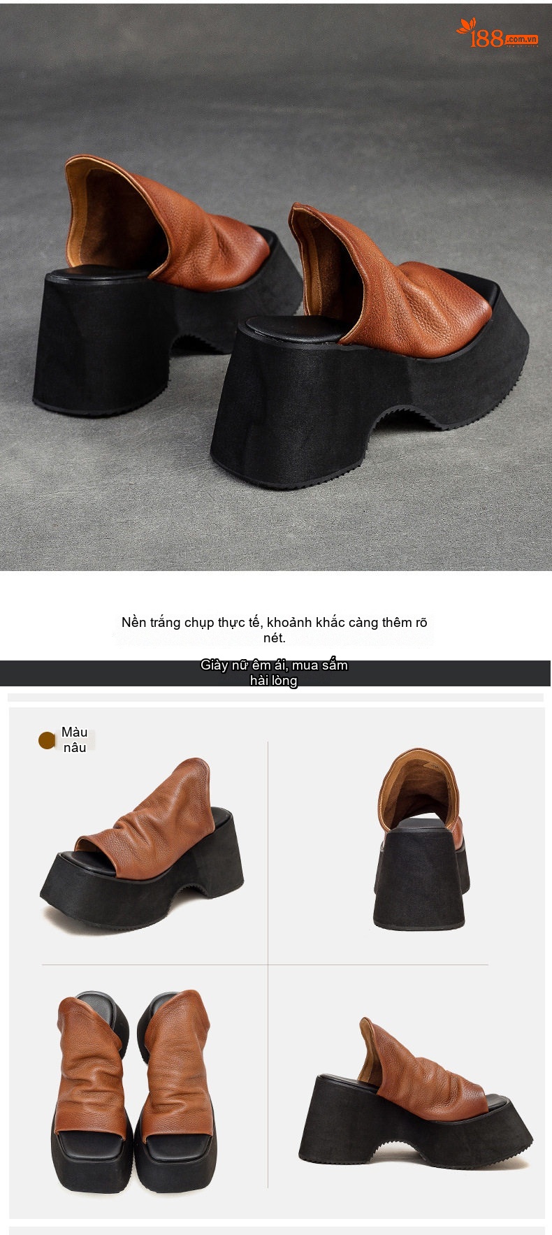 Dép Nữ Da Bò Đế Xuồng Chiều Cao Đế Khoảng 7cm Phong Cách Retro Màu Nâu, Đen chi tiết 10