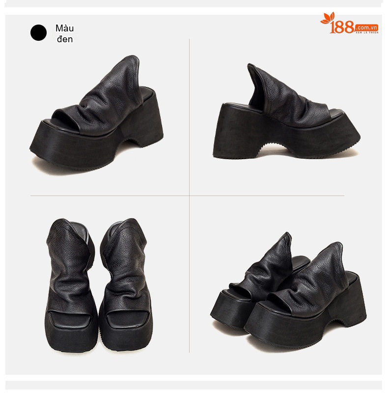 Dép Nữ Da Bò Đế Xuồng Chiều Cao Đế Khoảng 7cm Phong Cách Retro Màu Nâu, Đen chi tiết 11