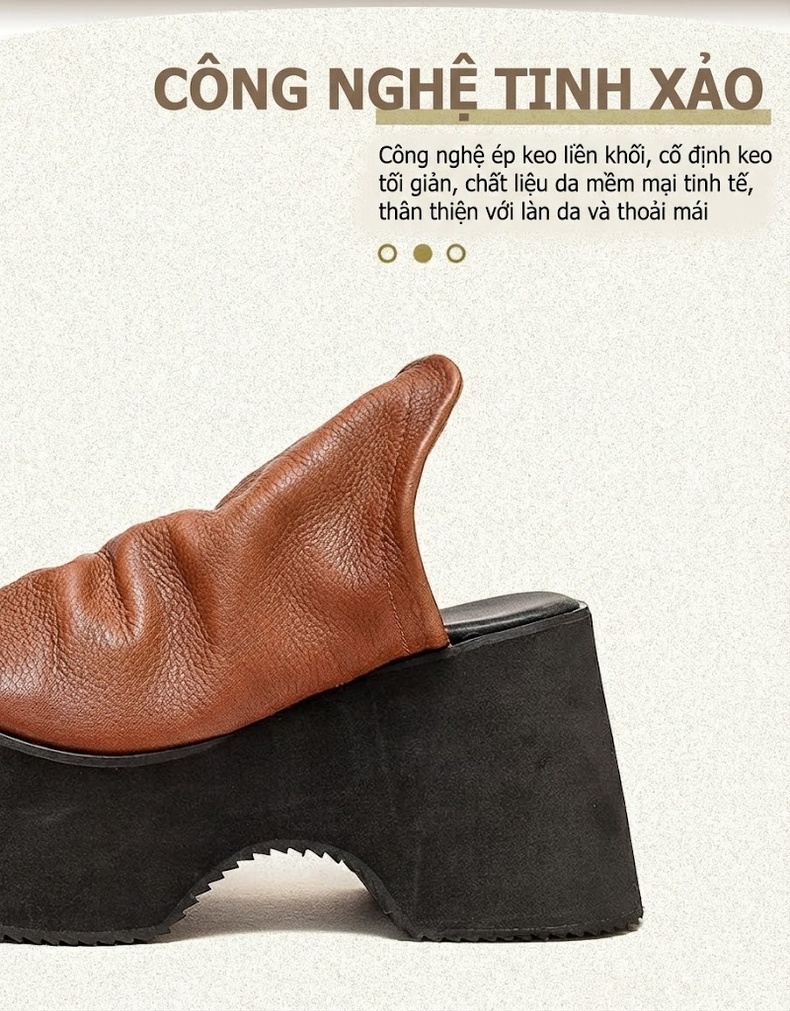 Dép Nữ Da Bò Đế Xuồng Chiều Cao Đế Khoảng 7cm Phong Cách Retro Màu Nâu, Đen chi tiết 2