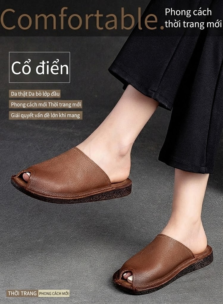 Dép Nữ Da Bò Hở Ngón Thoáng Khí Mềm Mại Chiều Cao Đế Khoảng 2cm Màu Nâu chi tiết 2
