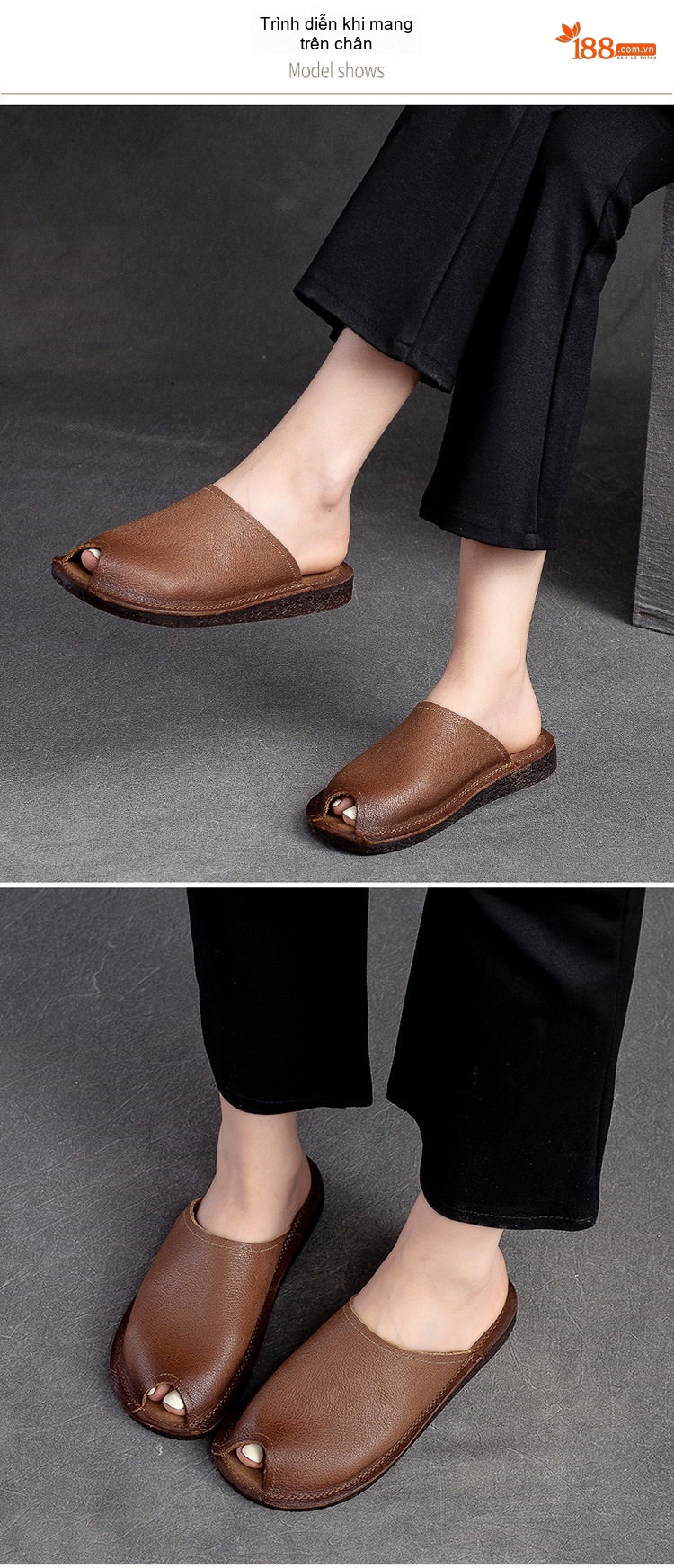 Dép Nữ Da Bò Hở Ngón Thoáng Khí Mềm Mại Chiều Cao Đế Khoảng 2cm Màu Nâu chi tiết 7