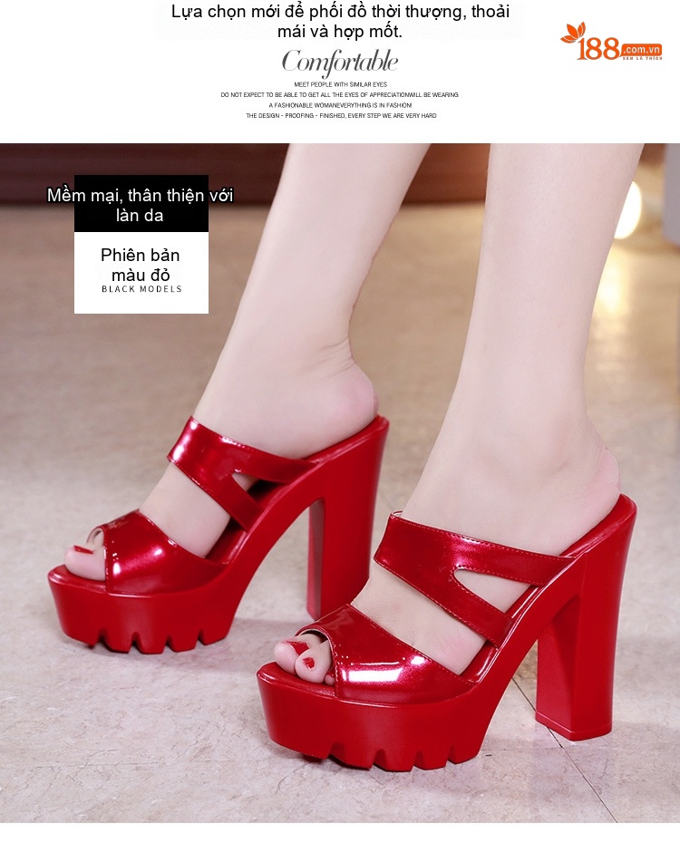 Dép Nữ Đế Xuồng Quai Ngang Da Bóng Chiều Cao Đế Khoảng 8cm Màu Đỏ, Trắng, Đen chi tiết 3