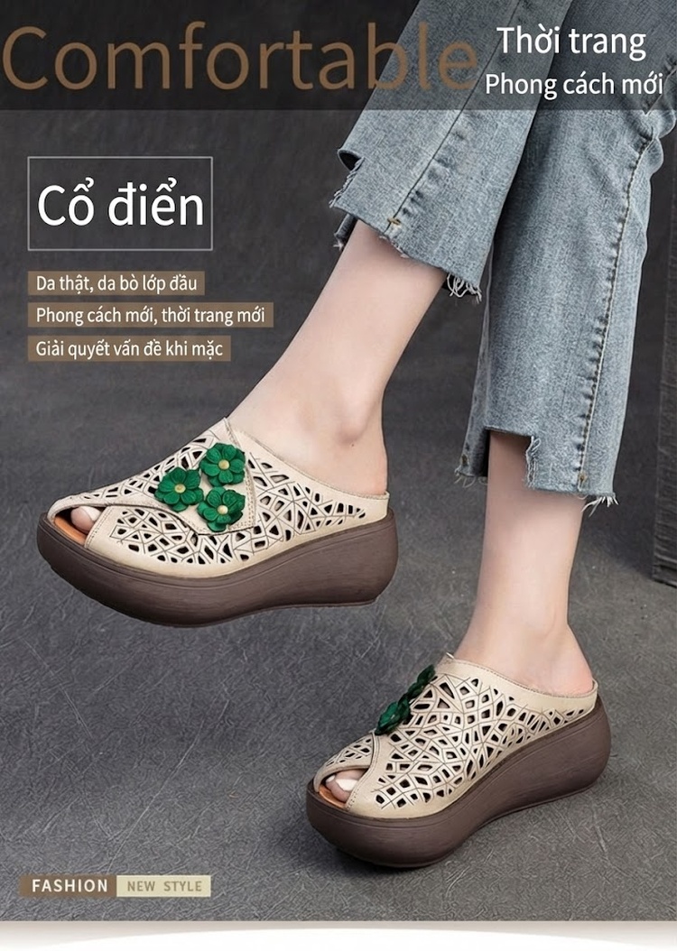 Dép Nữ Hở Mũi Đế Xuồng Chiều Cao Đế Khoảng 5cm Phong Cách Dân Tộc Màu Nâu, Kem, Xanh Lá chi tiết 1