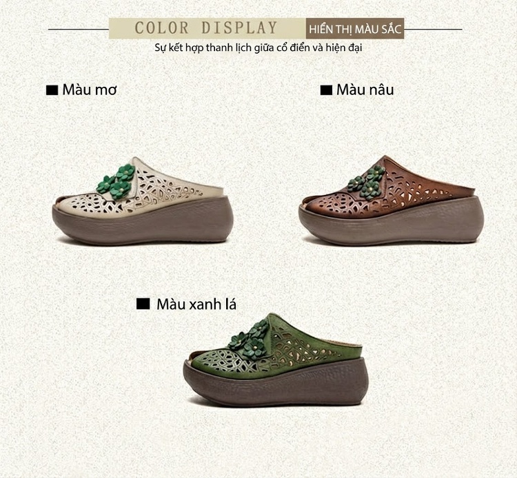 Dép Nữ Hở Mũi Đế Xuồng Chiều Cao Đế Khoảng 5cm Phong Cách Dân Tộc Màu Nâu, Kem, Xanh Lá chi tiết 2