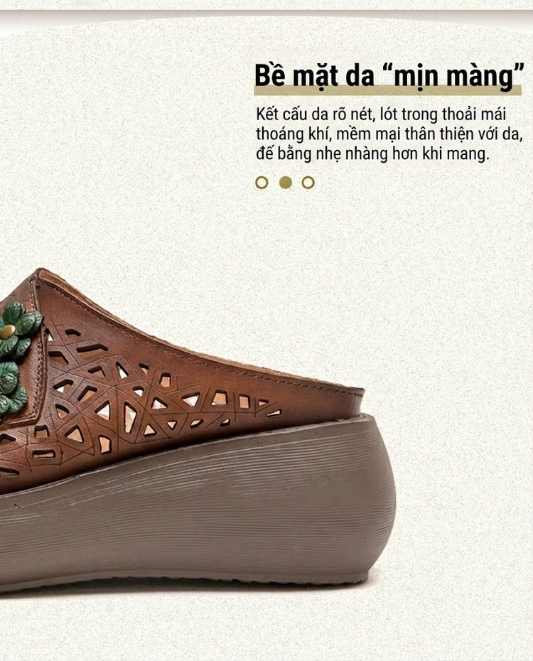 Dép Nữ Hở Mũi Đế Xuồng Chiều Cao Đế Khoảng 5cm Phong Cách Dân Tộc Màu Nâu, Kem, Xanh Lá chi tiết 3