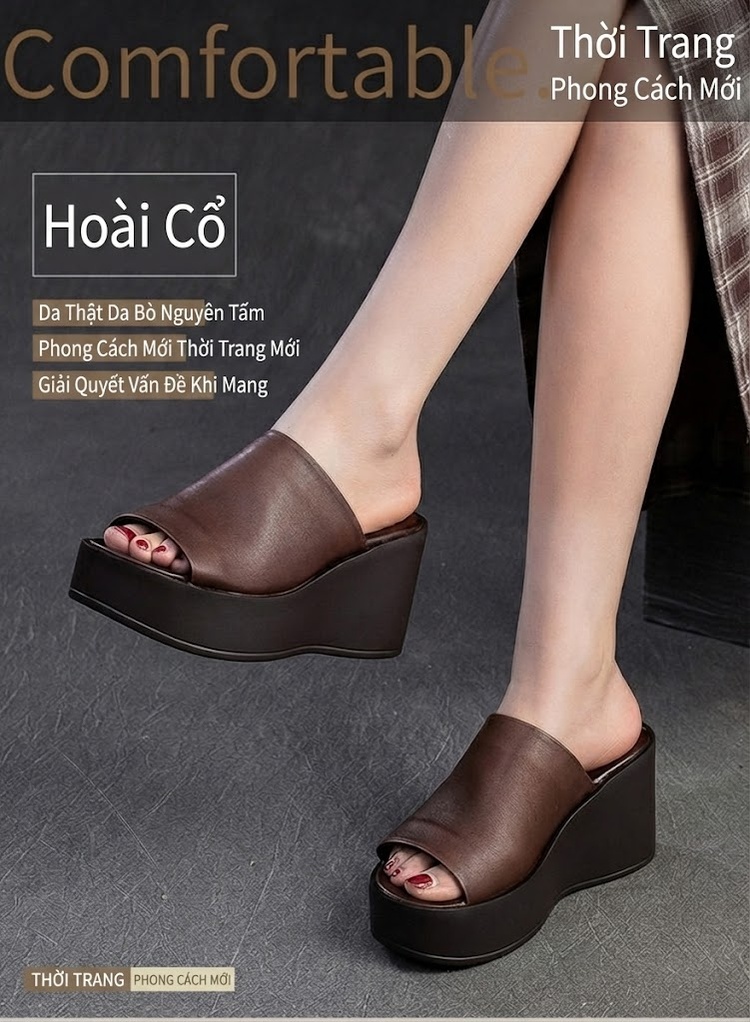 Dép Nữ Quai Ngang Da Bóng Đế Xuồng Chiều Cao Đế Khoảng 6cm Màu Đen, Nâu chi tiết 2