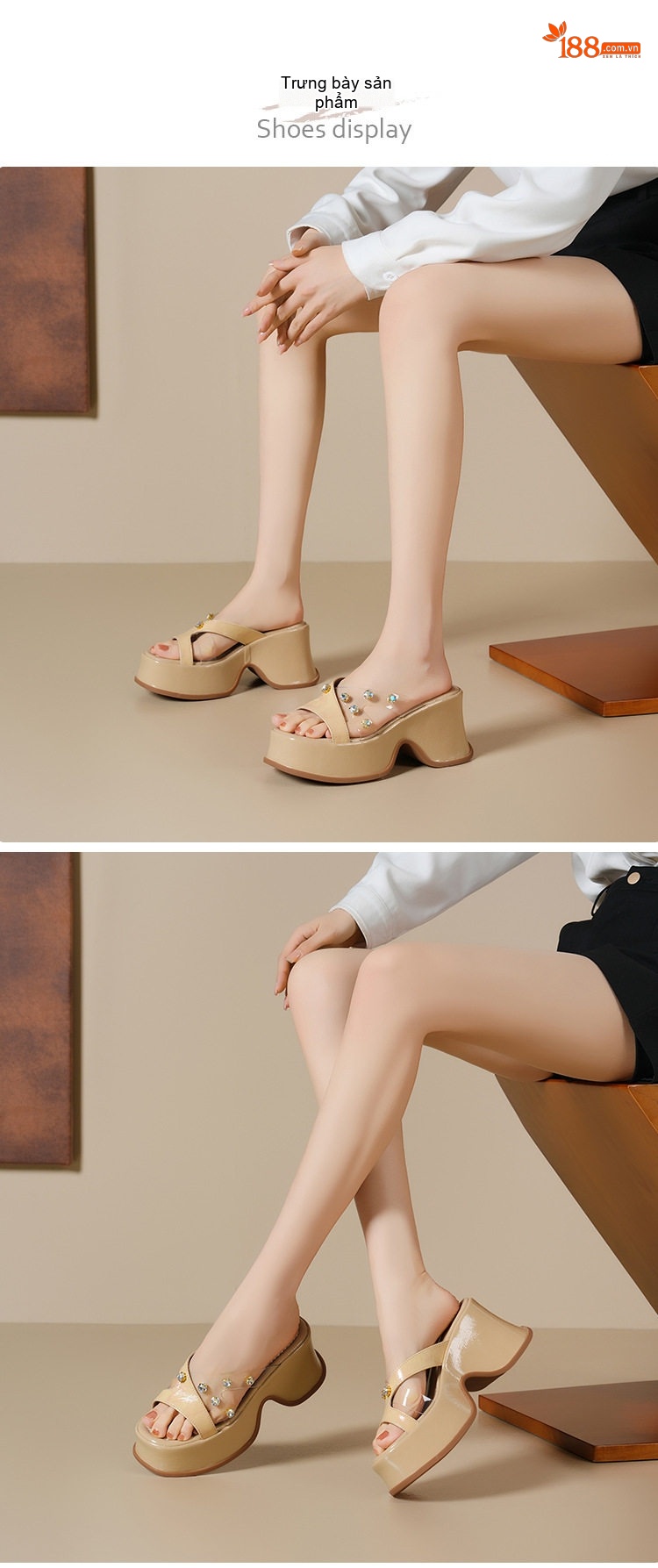 Dép Nữ Quai Ngang Hở Mũi Da Bóng Đính Đá Chiều Cao Đế Khoảng 6cm Màu Kem, Trắng, Đen chi tiết 2