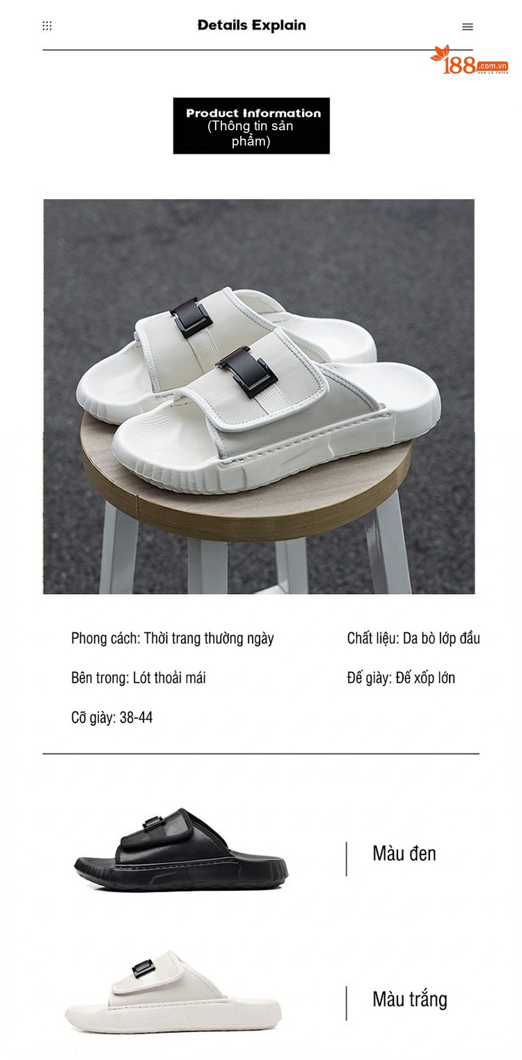 Dép Quai Ngang Nam Da Bóng Cao Cấp Chiều Cao Đế Khoảng 3cm Màu Đen, Trắng chi tiết 3