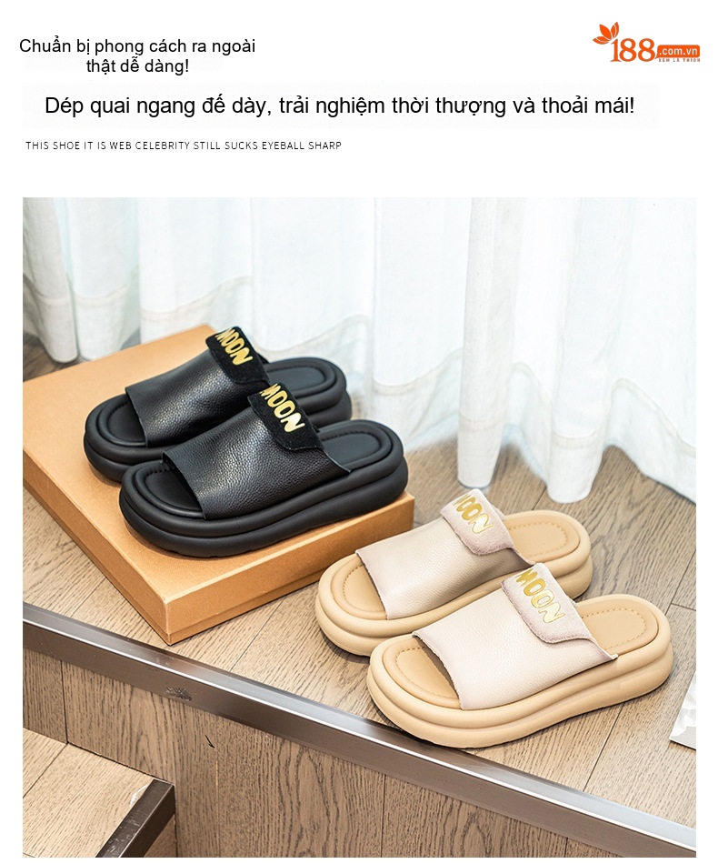 Dép Quai Ngang Nữ Da Bò Đế Xuồng Chiều Cao Khoảng 5cm Màu Đen, Kem chi tiết 7