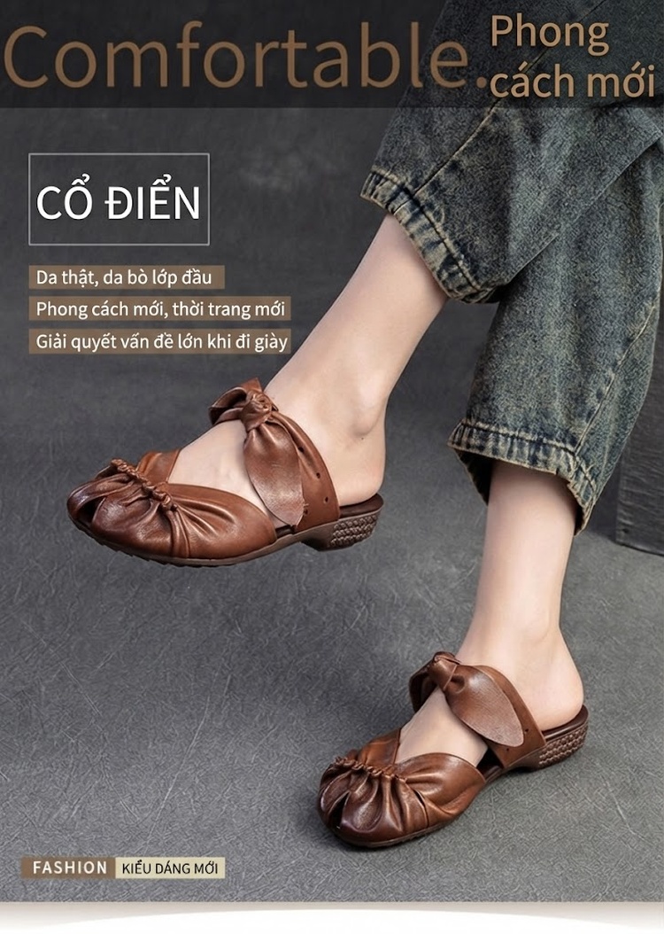 Dép Quai Ngang Nữ Da Bò Mềm Mại Thoáng Khí Chiều Cao Đế Khoảng 2cm Màu Trắng, Đen, Nâu chi tiết 1