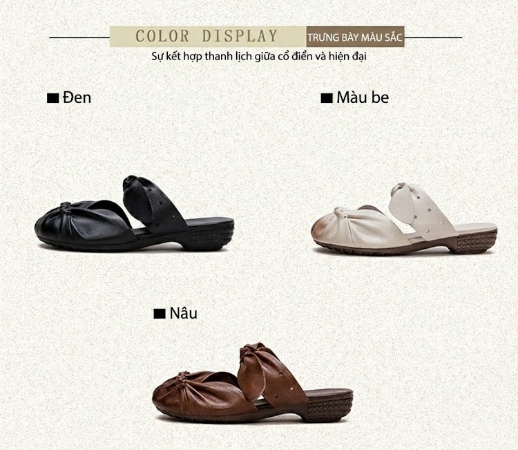Dép Quai Ngang Nữ Da Bò Mềm Mại Thoáng Khí Chiều Cao Đế Khoảng 2cm Màu Trắng, Đen, Nâu chi tiết 2