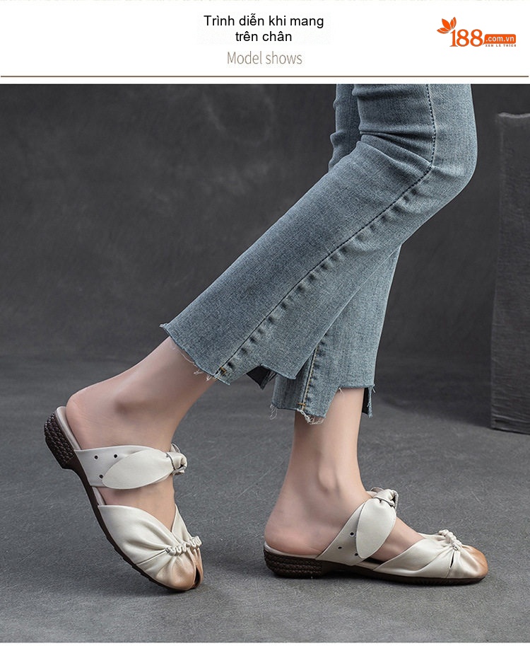 Dép Quai Ngang Nữ Da Bò Mềm Mại Thoáng Khí Chiều Cao Đế Khoảng 2cm Màu Trắng, Đen, Nâu chi tiết 7