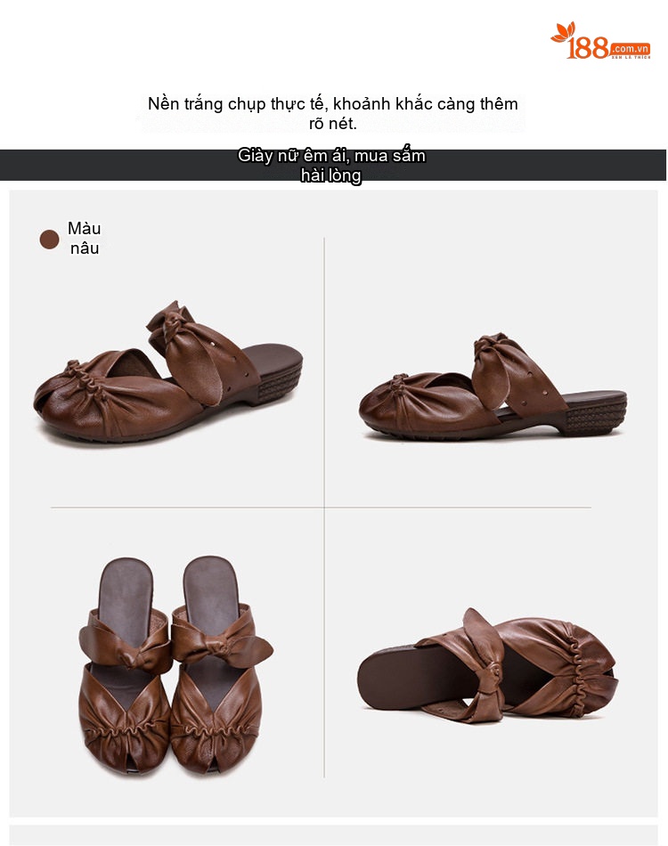 Dép Quai Ngang Nữ Da Bò Mềm Mại Thoáng Khí Chiều Cao Đế Khoảng 2cm Màu Trắng, Đen, Nâu chi tiết 16