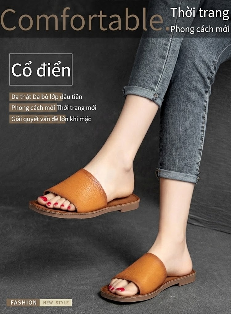 Dép Quai Ngang Nữ Da Bò Mộc Mạc Chiều Cao Đế Khoảng 1cm Màu Nâu, Xanh Lá, Kem chi tiết 2