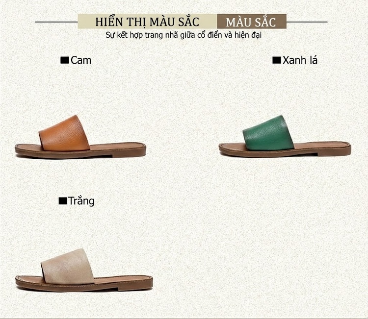 Dép Quai Ngang Nữ Da Bò Mộc Mạc Chiều Cao Đế Khoảng 1cm Màu Nâu, Xanh Lá, Kem chi tiết 3