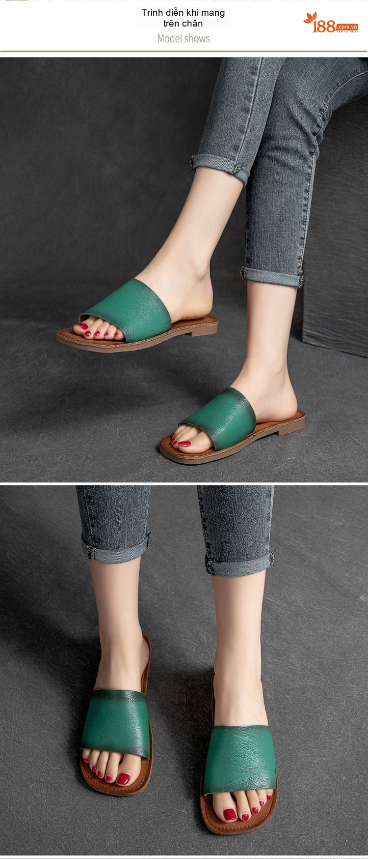 Dép Quai Ngang Nữ Da Bò Mộc Mạc Chiều Cao Đế Khoảng 1cm Màu Nâu, Xanh Lá, Kem chi tiết 9