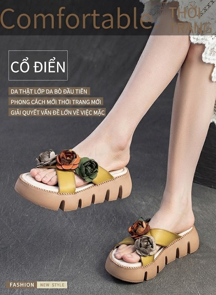 Dép Quai Ngang Nữ Da Bò Thật Trang Trí Hoa Chiều Cao Đế Khoảng 4cm Màu Vàng, Trắng, Nâu, Xanh chi tiết 1