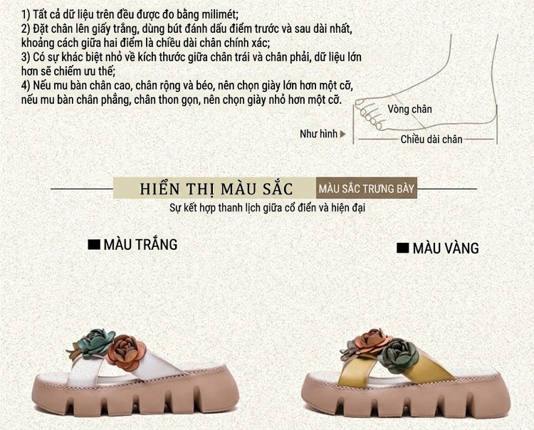 Dép Quai Ngang Nữ Da Bò Thật Trang Trí Hoa Chiều Cao Đế Khoảng 4cm Màu Vàng, Trắng, Nâu, Xanh chi tiết 2
