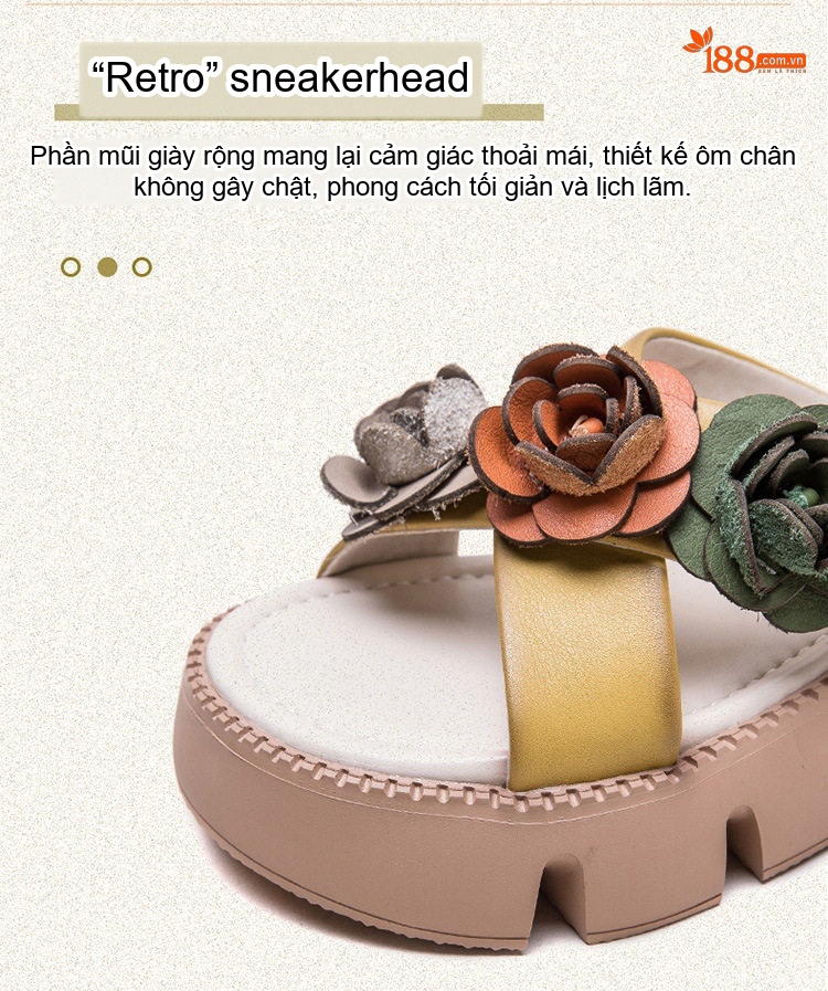 Dép Quai Ngang Nữ Da Bò Thật Trang Trí Hoa Chiều Cao Đế Khoảng 4cm Màu Vàng, Trắng, Nâu, Xanh chi tiết 4