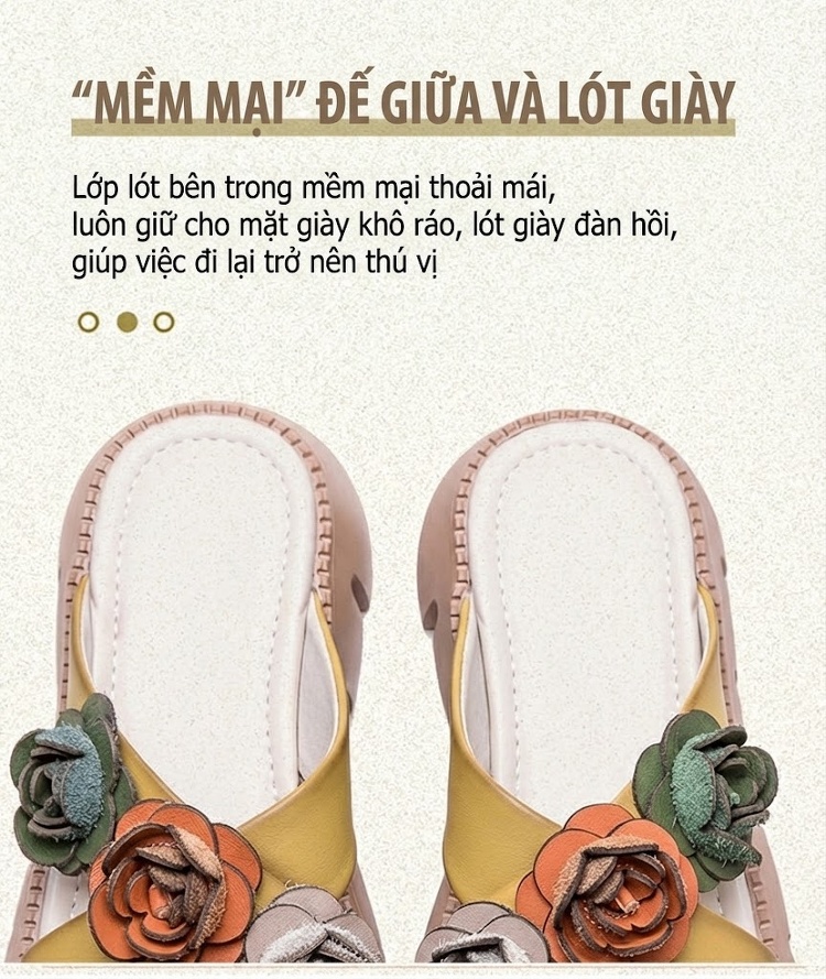 Dép Quai Ngang Nữ Da Bò Thật Trang Trí Hoa Chiều Cao Đế Khoảng 4cm Màu Vàng, Trắng, Nâu, Xanh chi tiết 6