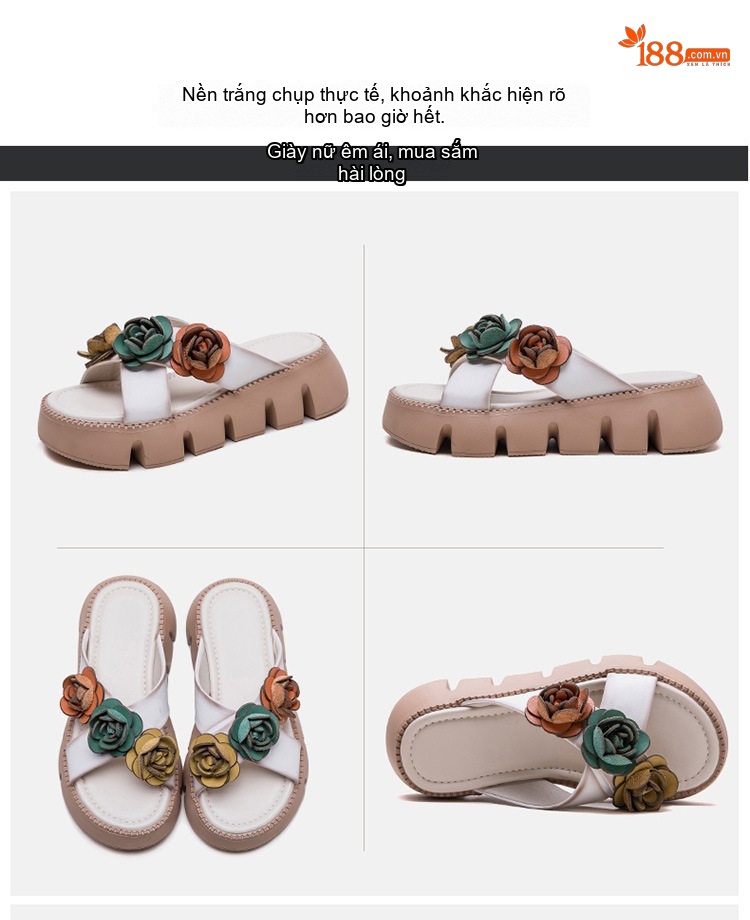 Dép Quai Ngang Nữ Da Bò Thật Trang Trí Hoa Chiều Cao Đế Khoảng 4cm Màu Vàng, Trắng, Nâu, Xanh chi tiết 16