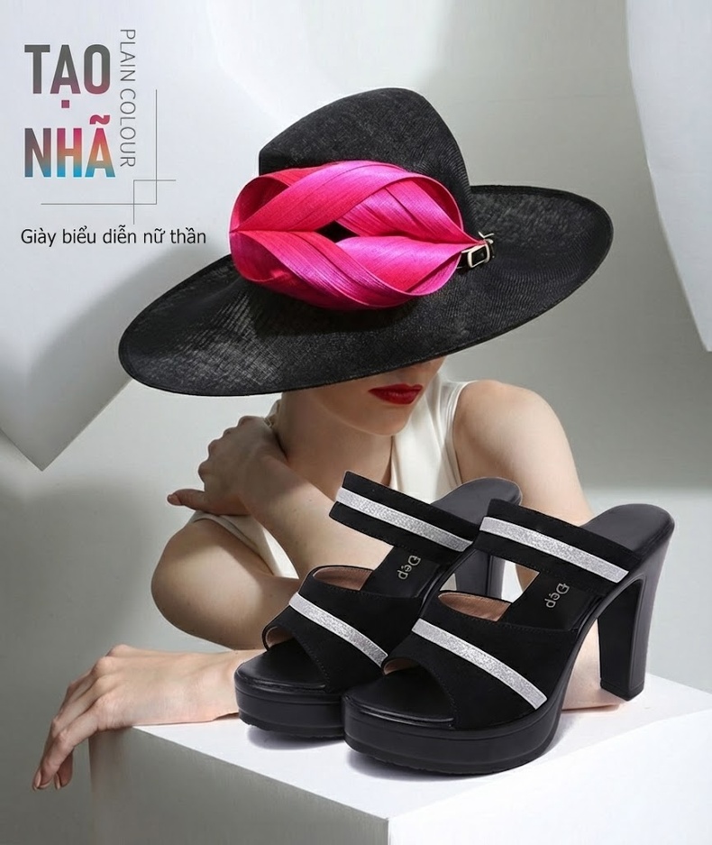 Dép Quai Ngang Nữ Da Mờ Gót Vuông Chiều Cao Đế Khoảng 8cm Màu Đen chi tiết 1