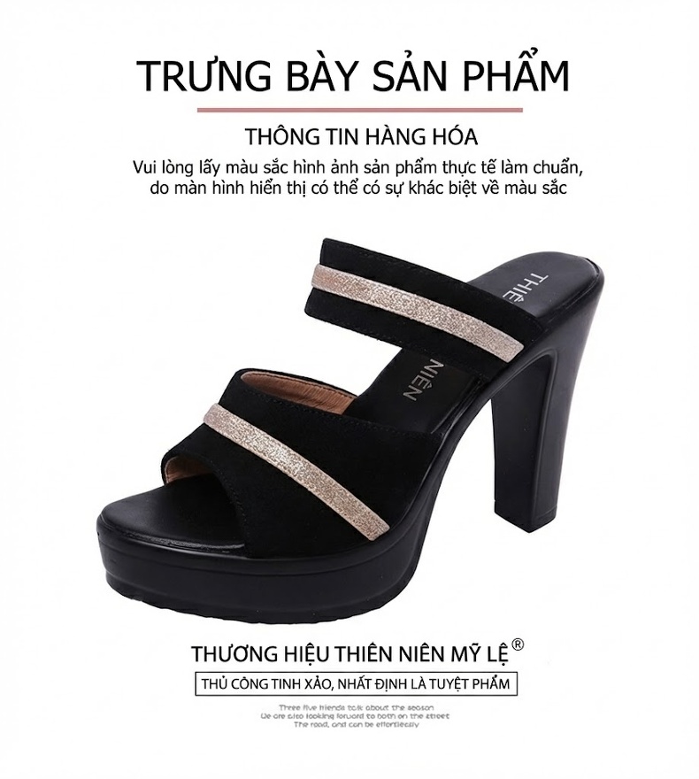 Dép Quai Ngang Nữ Da Mờ Gót Vuông Chiều Cao Đế Khoảng 8cm Màu Đen chi tiết 13