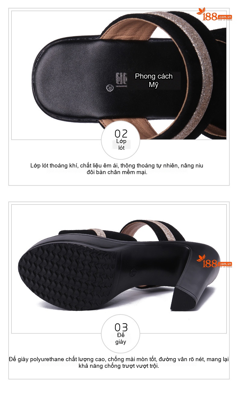 Dép Quai Ngang Nữ Da Mờ Gót Vuông Chiều Cao Đế Khoảng 8cm Màu Đen chi tiết 6