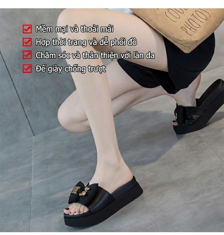 Dép Quai Ngang Nữ Đế Bệt Nơ Bướm Chiều Cao Đế Khoảng 3cm Màu Đen, Trắng chi tiết 7