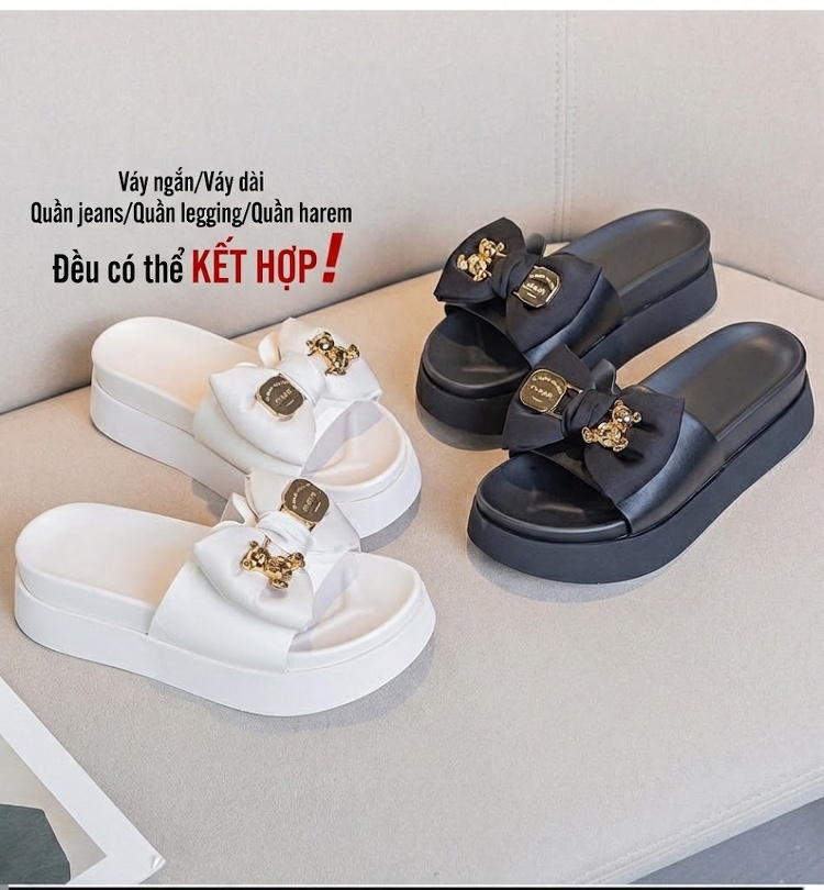 Dép Quai Ngang Nữ Đế Bệt Nơ Bướm Chiều Cao Đế Khoảng 3cm Màu Đen, Trắng chi tiết 8