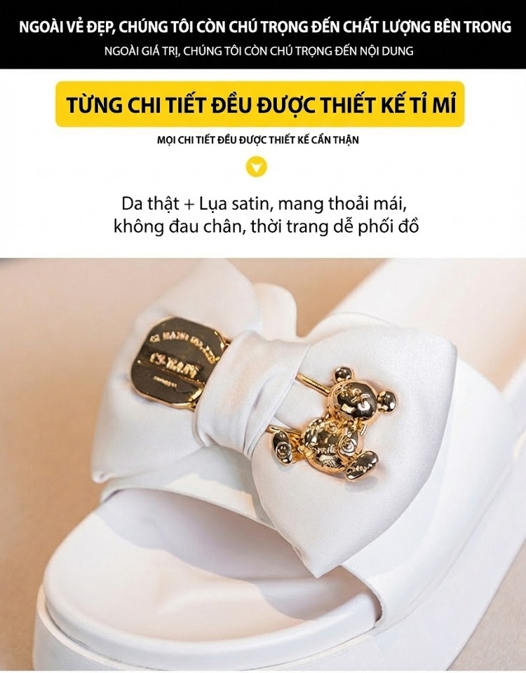 Dép Quai Ngang Nữ Đế Bệt Nơ Bướm Chiều Cao Đế Khoảng 3cm Màu Đen, Trắng chi tiết 9