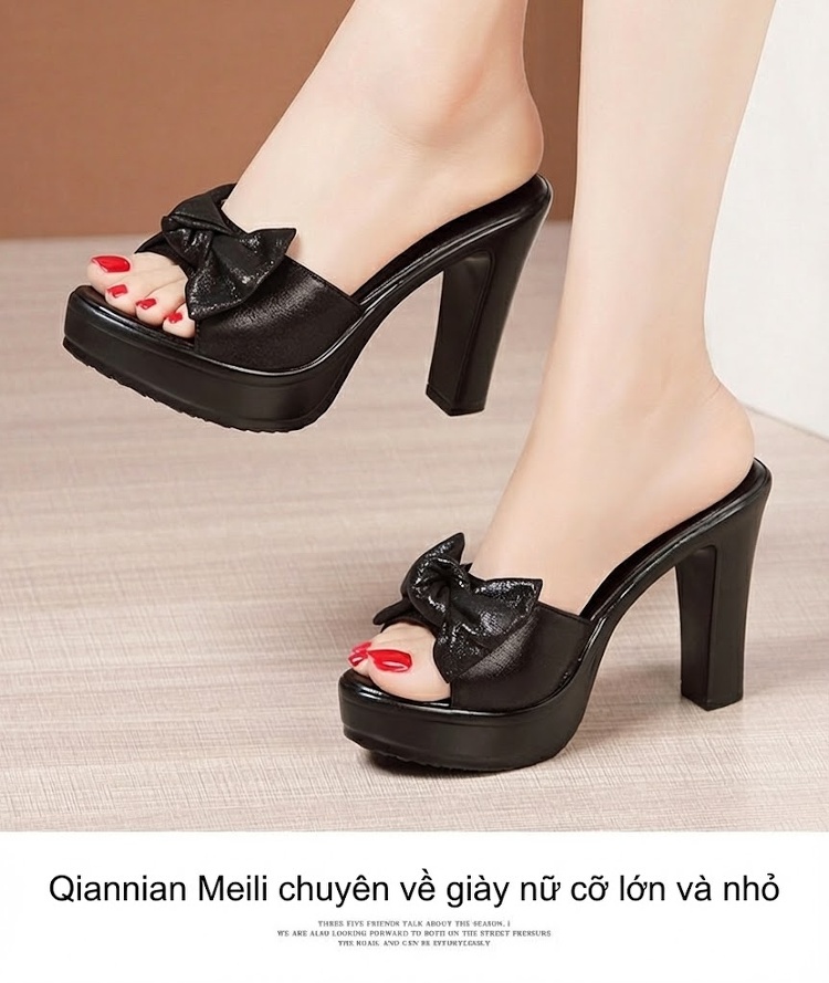 Dép Quai Ngang Nữ Đế Xuồng Chiều Cao Đế Khoảng 8cm Da Bóng, Hở Mũi, Thắt Nơ Màu Vàng, Đen chi tiết 13