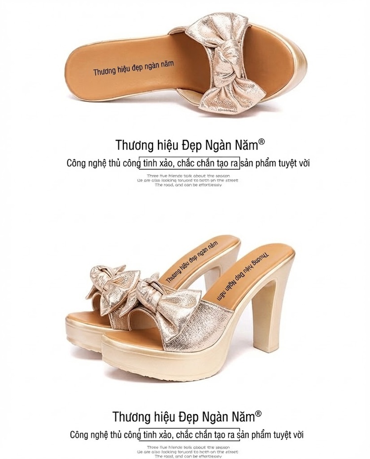 Dép Quai Ngang Nữ Đế Xuồng Chiều Cao Đế Khoảng 8cm Da Bóng, Hở Mũi, Thắt Nơ Màu Vàng, Đen chi tiết 16