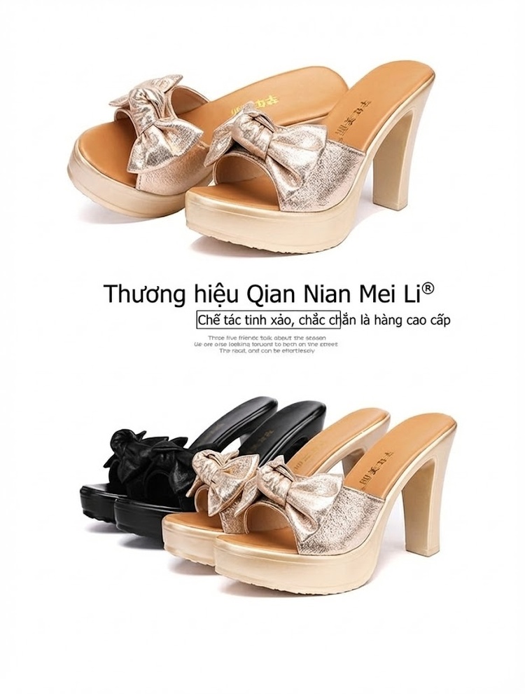 Dép Quai Ngang Nữ Đế Xuồng Chiều Cao Đế Khoảng 8cm Da Bóng, Hở Mũi, Thắt Nơ Màu Vàng, Đen chi tiết 17