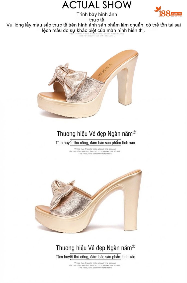 Dép Quai Ngang Nữ Đế Xuồng Chiều Cao Đế Khoảng 8cm Da Bóng, Hở Mũi, Thắt Nơ Màu Vàng, Đen chi tiết 15