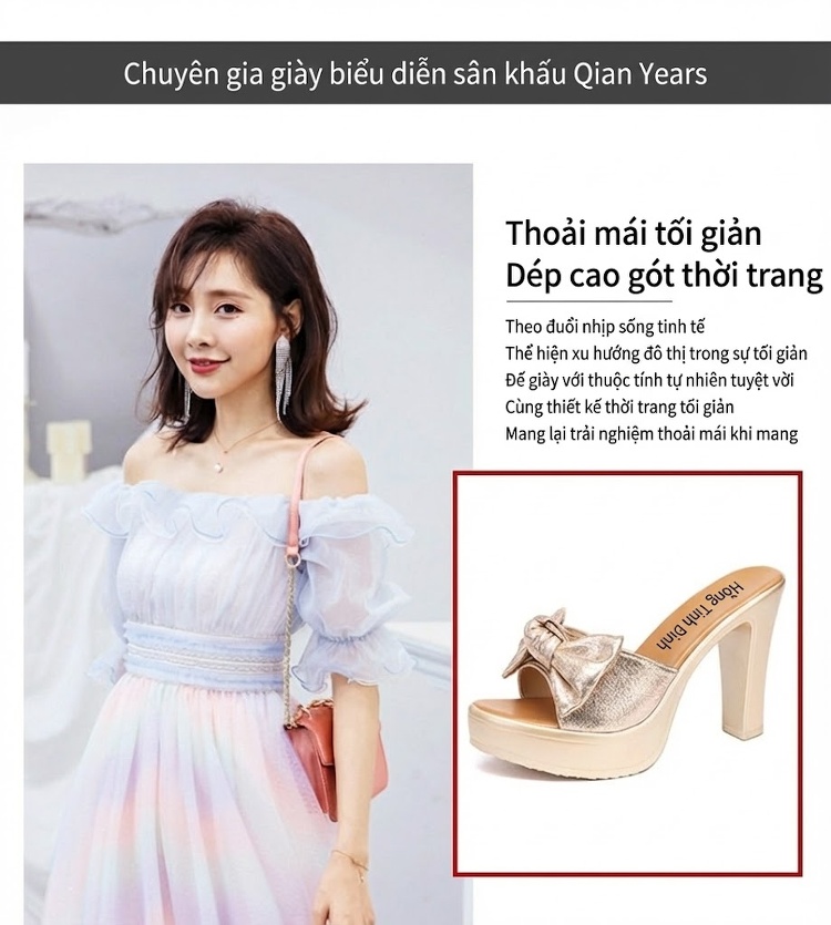 Dép Quai Ngang Nữ Đế Xuồng Chiều Cao Đế Khoảng 8cm Da Bóng, Hở Mũi, Thắt Nơ Màu Vàng, Đen chi tiết 2