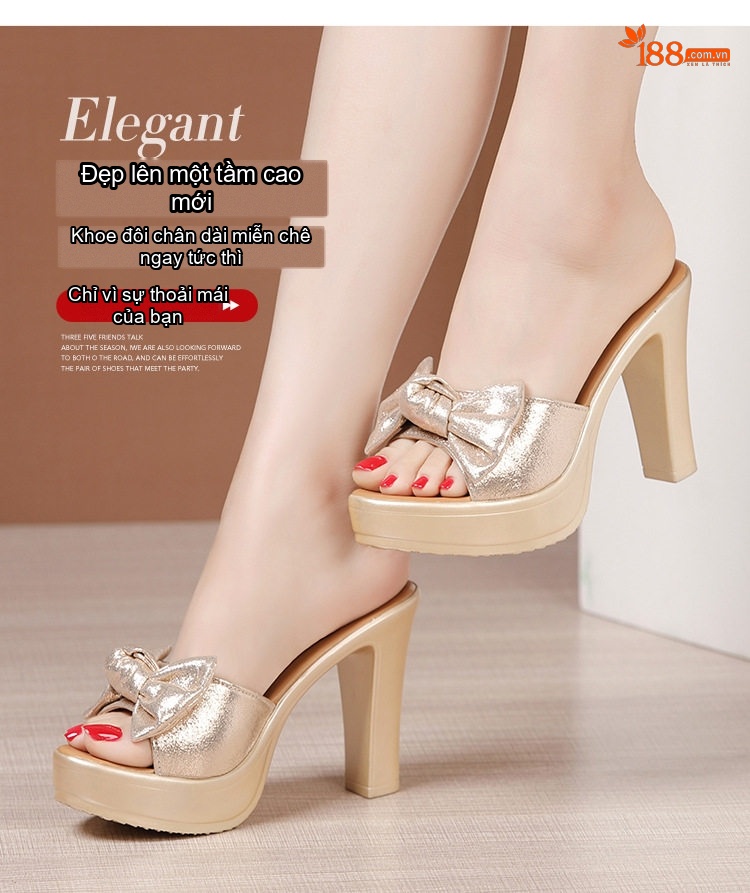 Dép Quai Ngang Nữ Đế Xuồng Chiều Cao Đế Khoảng 8cm Da Bóng, Hở Mũi, Thắt Nơ Màu Vàng, Đen chi tiết 3