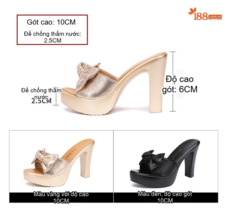 Dép Quai Ngang Nữ Đế Xuồng Chiều Cao Đế Khoảng 8cm Da Bóng, Hở Mũi, Thắt Nơ Màu Vàng, Đen chi tiết 5
