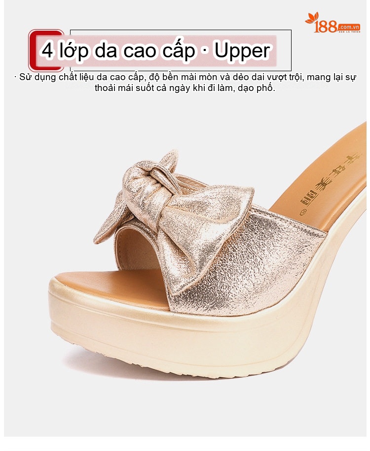 Dép Quai Ngang Nữ Đế Xuồng Chiều Cao Đế Khoảng 8cm Da Bóng, Hở Mũi, Thắt Nơ Màu Vàng, Đen chi tiết 7