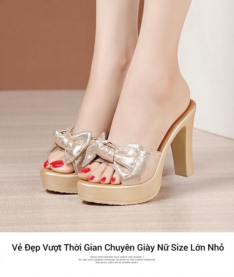 Dép Quai Ngang Nữ Đế Xuồng Chiều Cao Đế Khoảng 8cm Da Bóng, Hở Mũi, Thắt Nơ Màu Vàng, Đen chi tiết 12
