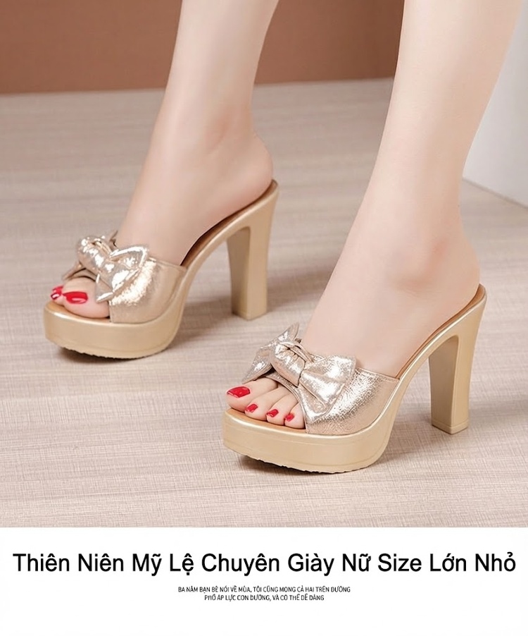 Dép Quai Ngang Nữ Đế Xuồng Chiều Cao Đế Khoảng 8cm Da Bóng, Hở Mũi, Thắt Nơ Màu Vàng, Đen chi tiết 10
