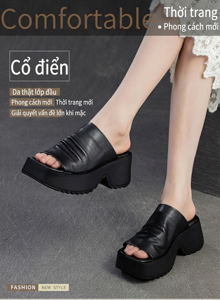 Dép Quai Ngang Nữ Đế Xuồng Da Bóng Retro Chiều Cao Đế Khoảng 6cm Màu Đen, Nâu chi tiết 1