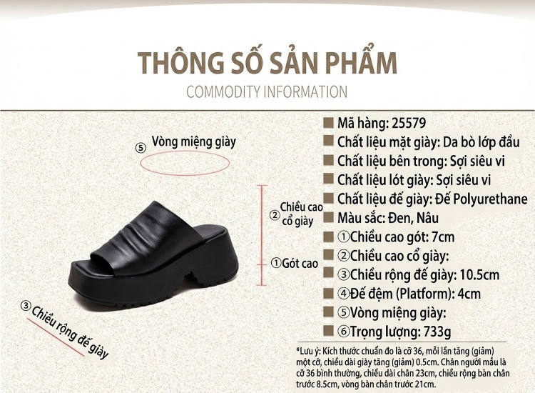 Dép Quai Ngang Nữ Đế Xuồng Da Bóng Retro Chiều Cao Đế Khoảng 6cm Màu Đen, Nâu chi tiết 2