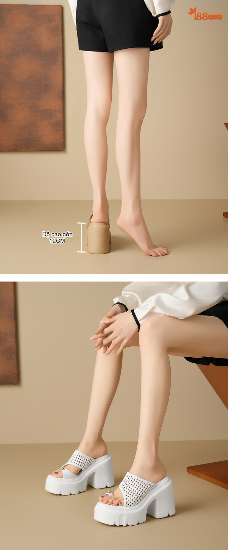 Dép Quai Ngang Nữ Đế Xuồng Lưới Hở Chiều Cao Đế Khoảng 12cm Màu Đen, Trắng, Nâu chi tiết 4