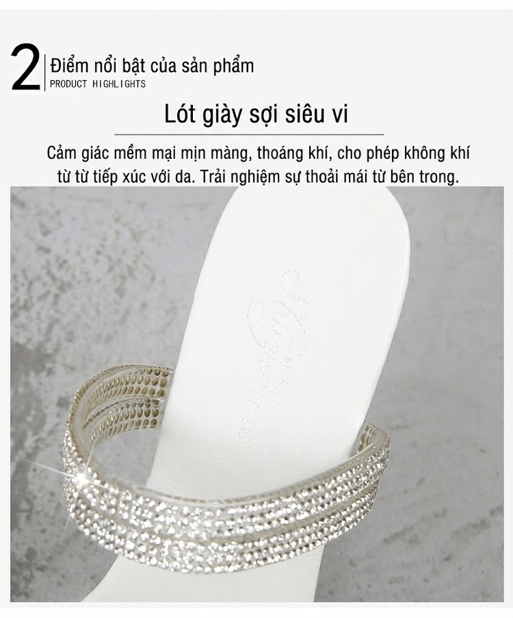Dép Quai Ngang Nữ Đế Xuồng Trong Suốt Chiều Cao Đế 14cm Đính Đá Màu Trắng chi tiết 15