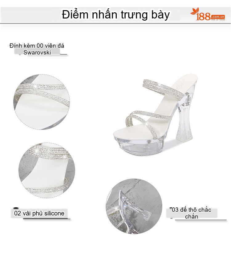 Dép Quai Ngang Nữ Đế Xuồng Trong Suốt Chiều Cao Đế 14cm Đính Đá Màu Trắng chi tiết 13